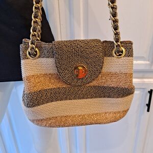 Woven Paper Straw Browns And Tan Stripes Shoulder Bag with Gold Chain